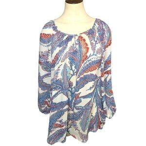 Chaps Boho White Blue Floral Tunic Blouse Flowy Round Neck Balloon Sleeves Sz L